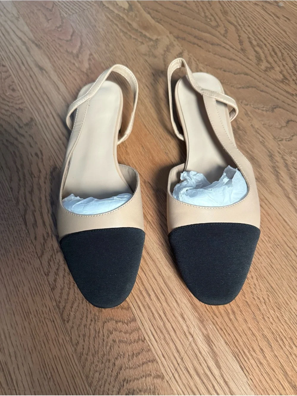 Beige and Black Two-Tone Slingback Flats